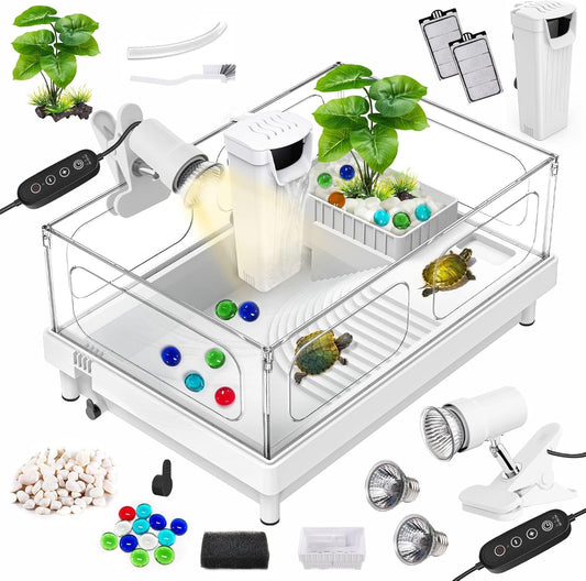 GOZILLA Small Turtle Tank Kit(Tank+Lamp+Filter), Acrylic Turtle Starter Kit with Adjustable Lamp, Reptile Habitat and Terrarium with Multi-Functional Areas for Small Reptiles. (White Kit)