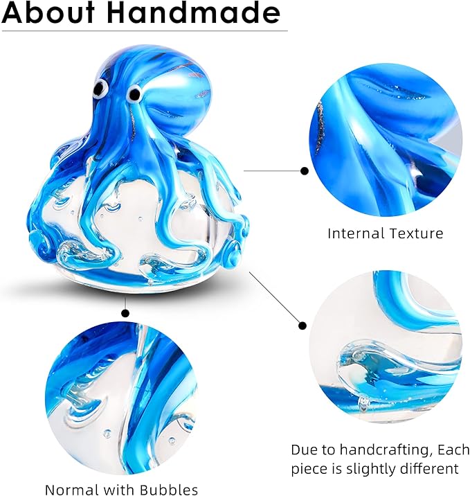 EUSTUMA Hand Blown Glass Octopus Figurine Ornament,Sea Animal Ornament for Fish Tank Aquarium,Sea Animals Collection for Birthday Gift,Glass Office Paperweight for Desk.
