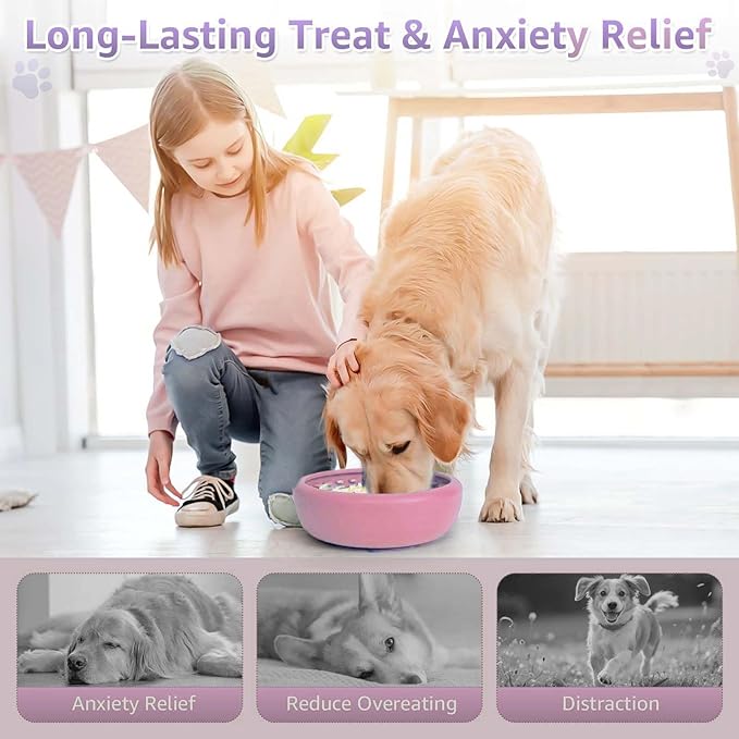 Dog Lick Bowl, ZOURYNUA Non-Slip Slow Feeder Dog Bowls, Enrichment Licking Mat for Distraction, Anxiety Relief Treat Dispenser Freezer, BPA Free Silicone & Dishwasher Safe (Pink, Large)
