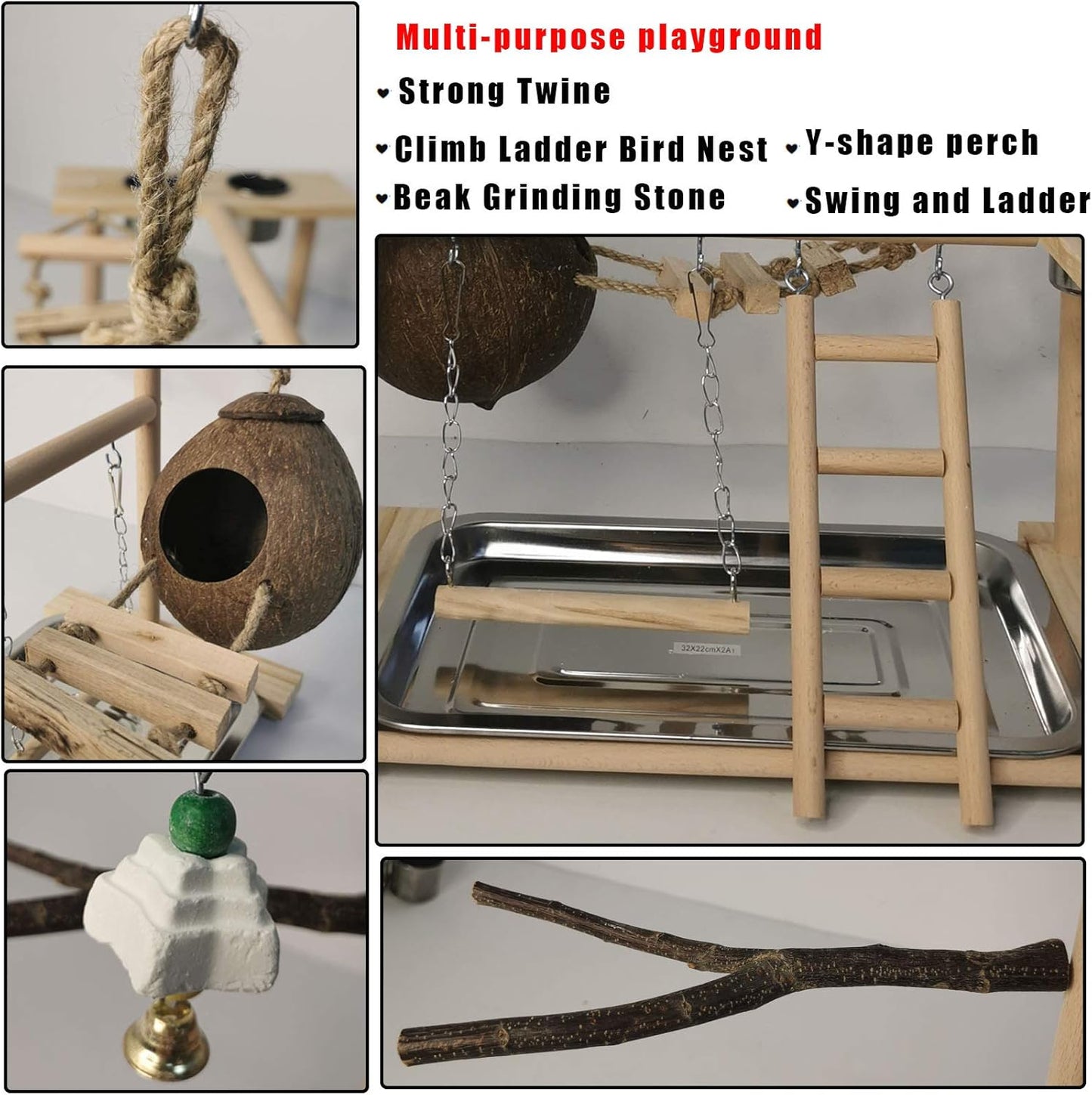 Parakeet Playground Bird Play Stand Natural Wood Perch Gym Parrots Nest Climb Swing Ladders with Feeder Cups Lovebirds Cage Accessories Toy Exercise Activity for Conure Cockatiel Lovebirds