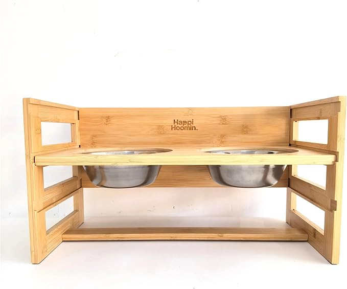 Adjustable Elevated Pet Bowls – 3 Height Raised Bamboo Stand with 2 Thick 24oz Stainless Steel Bowls, Non-Slip Feeder for Cats & Small-Medium Dogs