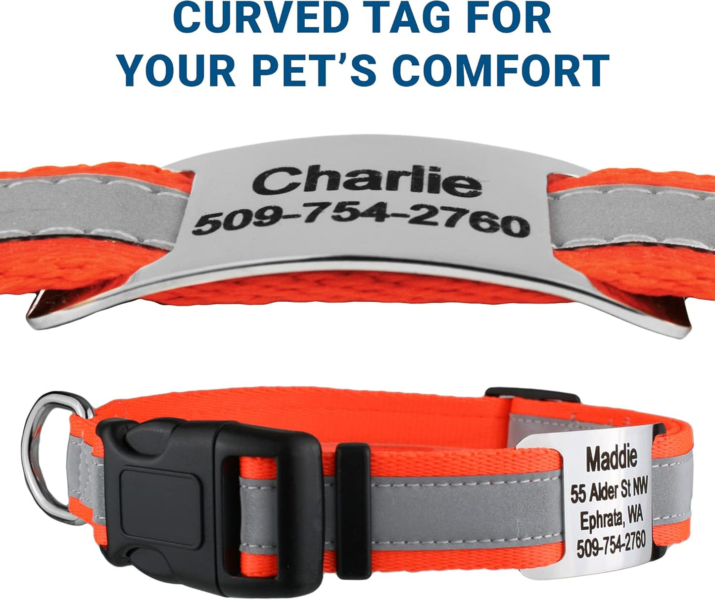 GoTags Reflective Personalized Dog Collar with Nameplate, Adjustable Dog Collar with Custom Engraved Steel Slide On Pet ID Tag, Silent, No Noise Dog Tag for Large Medium or Small (Orange, Medium)