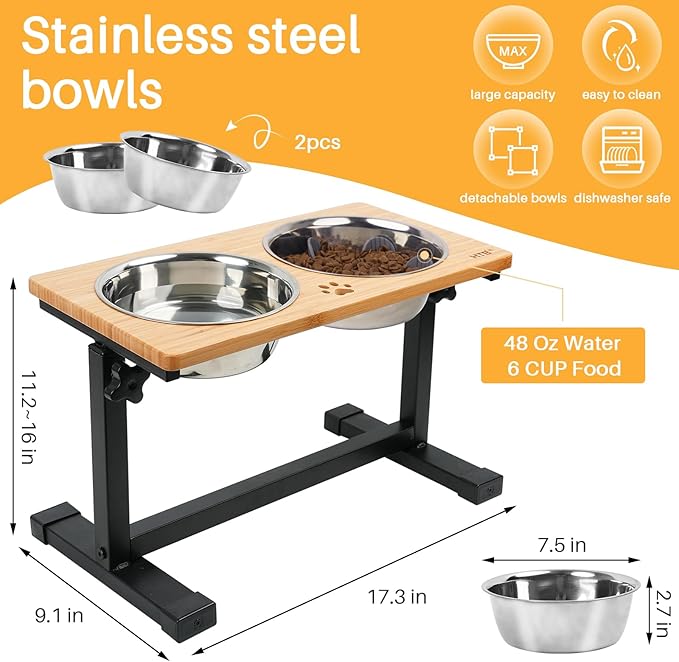 HTB Elevated Dog Bowls, Adjustable Pet Bowl Stand (Metal/Bamboo, 11.2'' to 16" Tall)