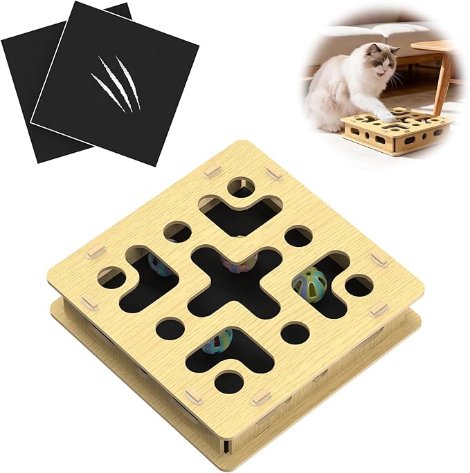 Cat Nail File Box with 2 Sandpaper Pads & 4 Bell Balls, Sturdy Wood Self-Grooming Scratcher for Treat-Motivated Cats, Interactive Cat Scratch Puzzle Enrichment Box with Silicone Security Rings