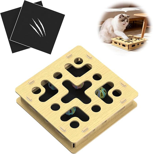 Cat Nail File Box with 2 Sandpaper Pads & 4 Bell Balls, Sturdy Wood Self-Grooming Scratcher for Treat-Motivated Cats, Interactive Cat Scratch Puzzle Enrichment Box with Silicone Security Rings