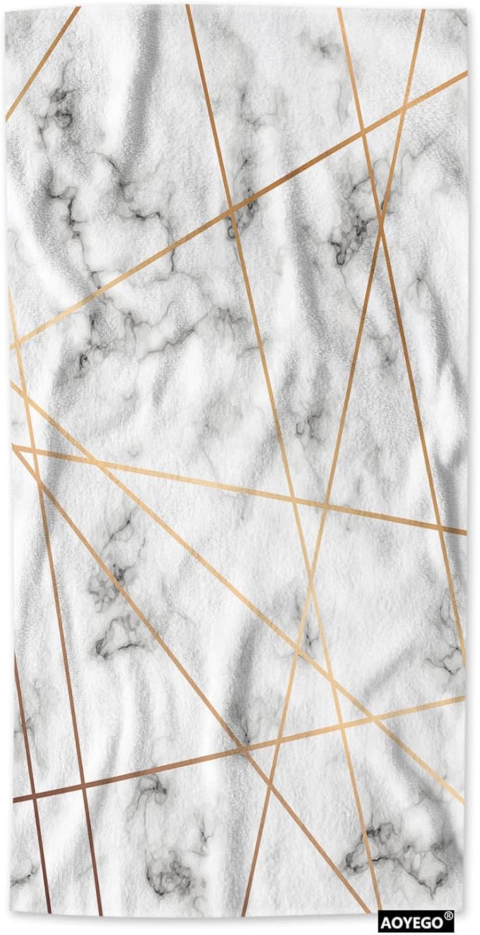 AOYEGO White Gray Marble Towels Golden Geometric Lines Marbling Surface Soft Highly Absorbent Large Hand Towels for Bathroom Hotel Gym and Spa 15x30 Inch