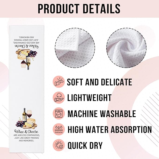 Funny Wine and Cheese Kitchen Towels, Bar Towels for Bartenders, Wine Cheese Lovers Gifts, Decorative Dishcloths for Kitchen Bar, Friendship Gifts for Women Hostess Sister Friend Bestie