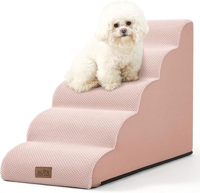 Dog Stairs for High Bed 22.6" H, Small Dog Step for Puppy, Older or Cat, Curved Ramp for Car, Ladder with High Density Foam, Lightweight, Durable, 15.7x33x22.6 inch, 5 Step, Pink