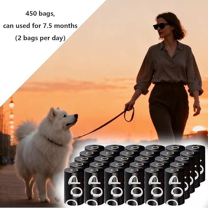 Compostable Dog Poop Bags，450 Count - 100% Leakproof & Biodegradable Dog Bags for Poop，Includes Free Dog Poop Bag Holder & Clip