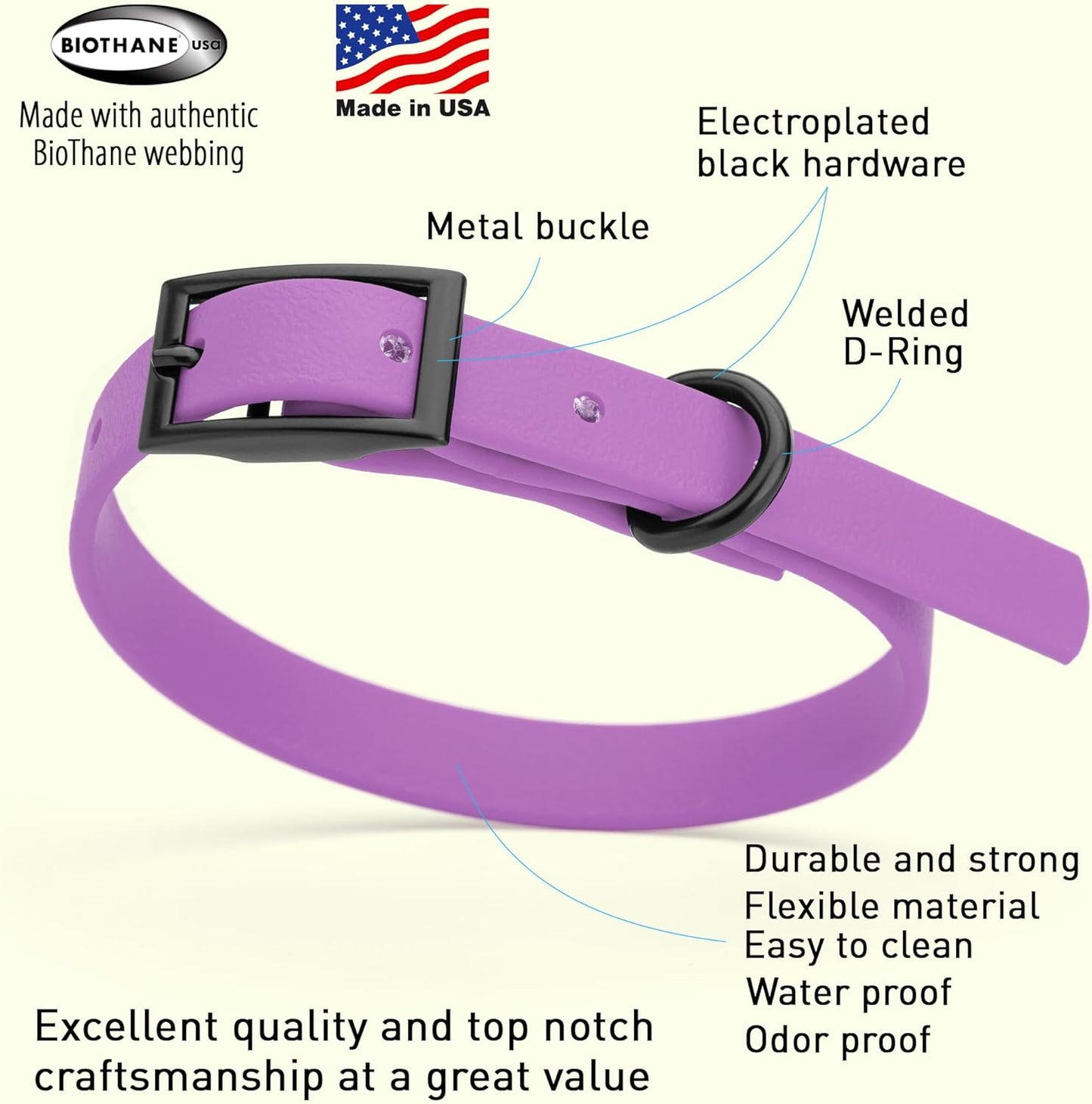 Dogline Biothane Waterproof Dog Collar Strong Coated Nylon Webbing with Black Hardware Odor- Proof for Easy Care Easy to Clean High Performance Fits Small Medium or Large Dogs, Amethyst Purple