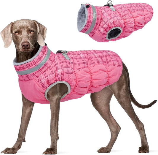 FUAMEY Dog Coat for Large Dogs,Waterproof Dog Winter Jacket with Harness Built in Puppy Cold Weather Coats Reflective Pet Vest with Zipper Warm Fleece Dogs Snowsuit Windproof Rose Plaid 2XL