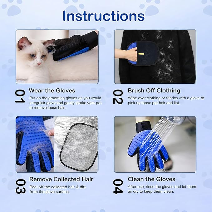 Pet Hair Removal Grooming Gloves Set – Silicone Cat & Dog Deshedding Gloves with Double-Sided Pet Hair Remover, Washable Reusable Anti-Static Grooming Set for Cats Dogs Horses (Blue)