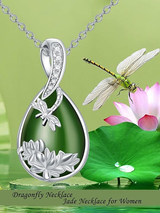 Green Jade Necklace Sterling Silver Teardrop Hummingbird/Dragonfly/Butterfly/Bee/Cat/Cardinal/Owl/Fox/Sloth Natural Jade Jewelry Birthday Mothers Day Christmas Gifts Women Mom Her