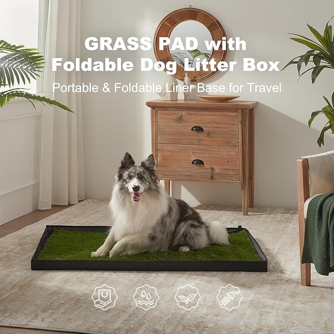 Dog Grass Pad with Foldable Dog Litter Box, Large Liner Base (33”×23”) for Balcony, 2 Artficial Grass Pee Pads for Dogs, Pee Pad Holder, Potty Training