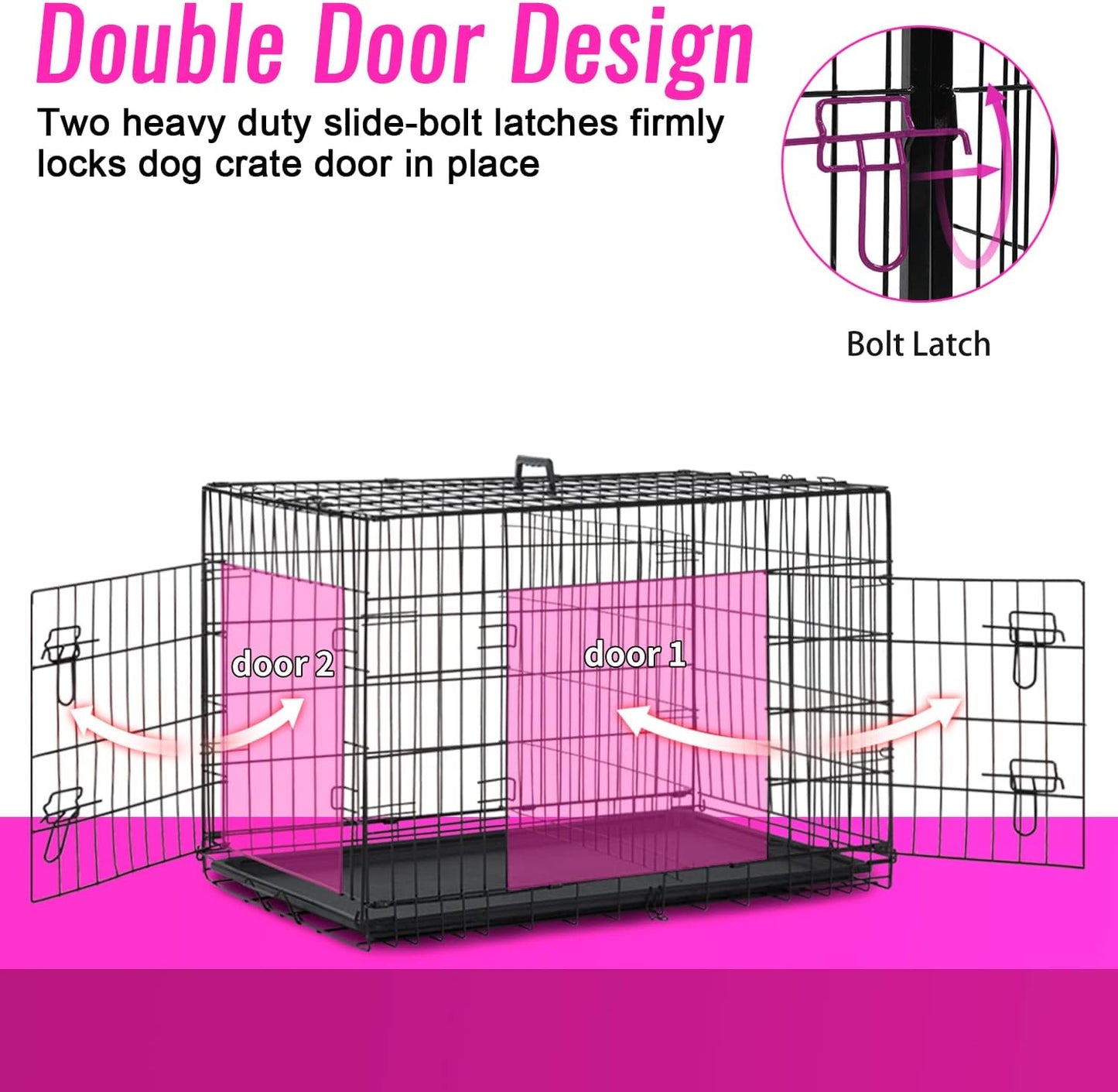 FDW Dog Crate for Large Dogs 48 Inch Folding Metal WirePet Cage Double Door W/Divider Panel Indoor Outdoor Kennel Leak-Proof Plastic Tray,Black