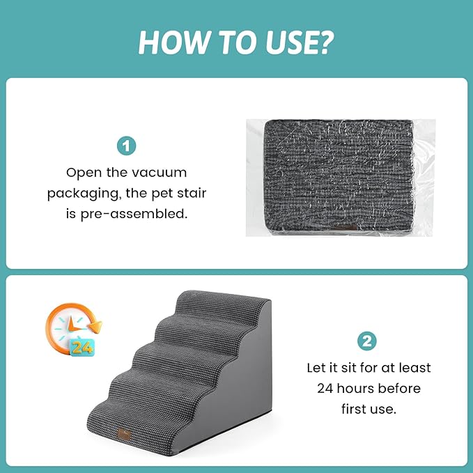 Extra Wide Dog Stairs 19.7" Width, Large Pet Step for Small Medium Dog, Puppy or Cat, Ramp for High Bed or Car, High Density Foam Ladder, Stable, 5 Step, 19.7x33x22.4 in, Dark Grey