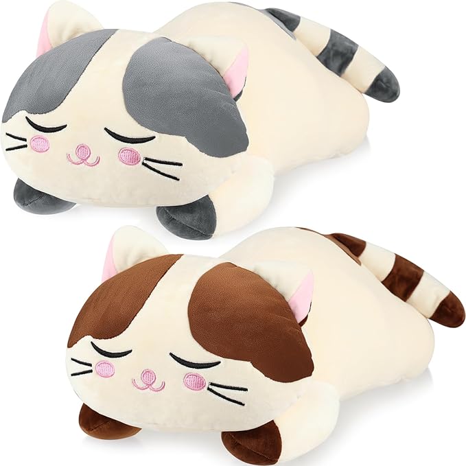 Jexine 2 Pcs 23.6'' Cat Plush Pillow, Cat Plush Hugging Pillow Large Kitty Kitten Plushies for Girls Soft Cute Stuffed Animal for Kids Christmas Birthday Gifts Cuddle, Gray and Brown