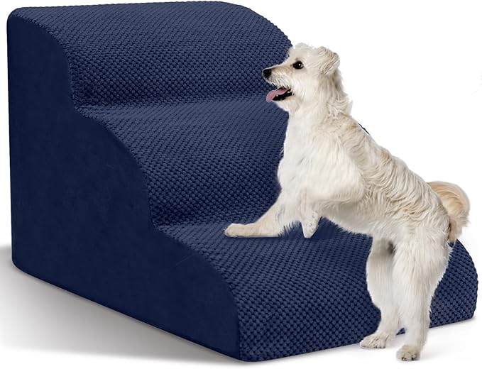 Dog Stairs for Small Dogs - High Density Foam Pet Steps, Extra Wide Dog Ramp with Non-Slip Bottom for High Beds, Couch and Sofa, Best for Dogs Injured, Older Doggy Cats, 3 Steps, Navy