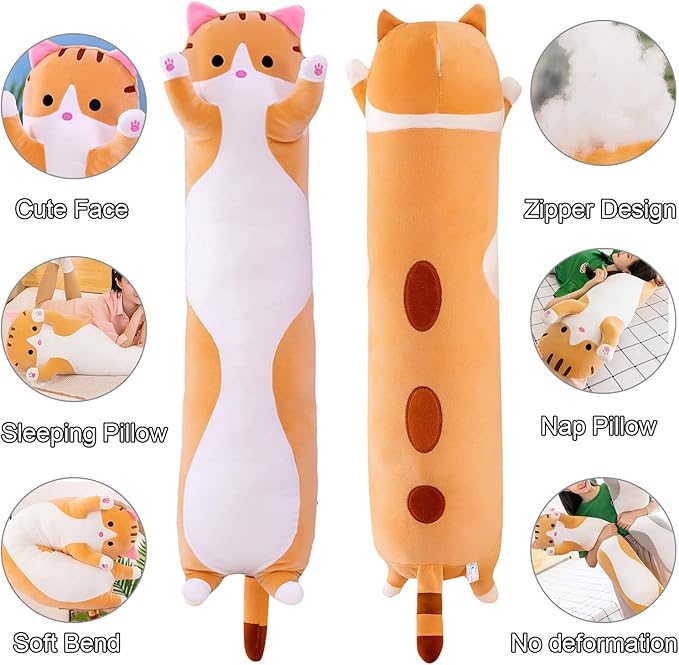 Giant Cat Pillow Plush Cartoon Kitty Sleeping Hugging Pillow, Cuddly Soft Long Kitten Body Pillow Doll Cat Cushion Toy for Kids Girlfriend (Yellow, 70cm/27.55inch)