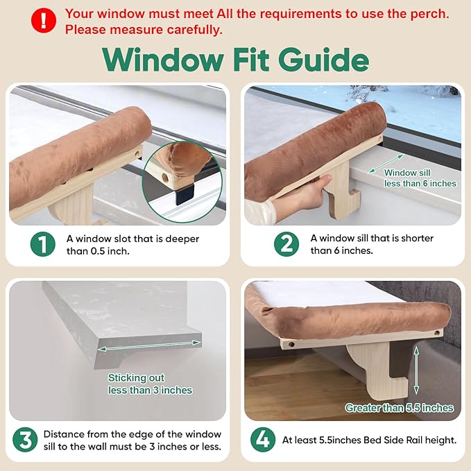 Cat Window Perch with Bolster, Large Hammock Bed for Indoor Cats, Solid Wood & Metal Frame Mounted Perch, Cozy Sunbathing Lounge Bed, 25” Wide (Brown Bed)