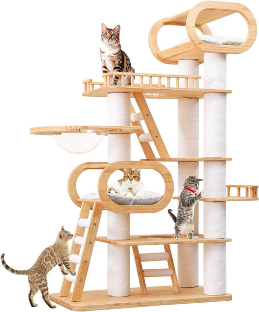 77‘’ Modern Cat Tree, Tall Wood Cat Tower for Indoor Cats Large Adult, Heavy Duty Cat Tree with Scratching Post, Luxury Kitty Condo, Sturdy Cat Furniture with 1 Transparent Bed and 3 Climb Labber