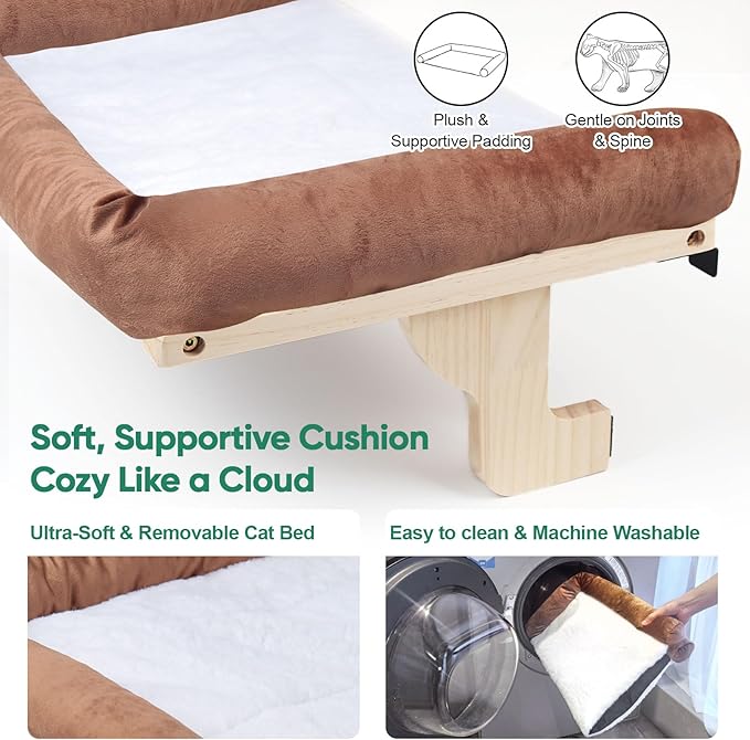 Cat Window Perch with Bolster, Large Hammock Bed for Indoor Cats, Solid Wood & Metal Frame Mounted Perch, Cozy Sunbathing Lounge Bed, 25” Wide (Brown Bed)