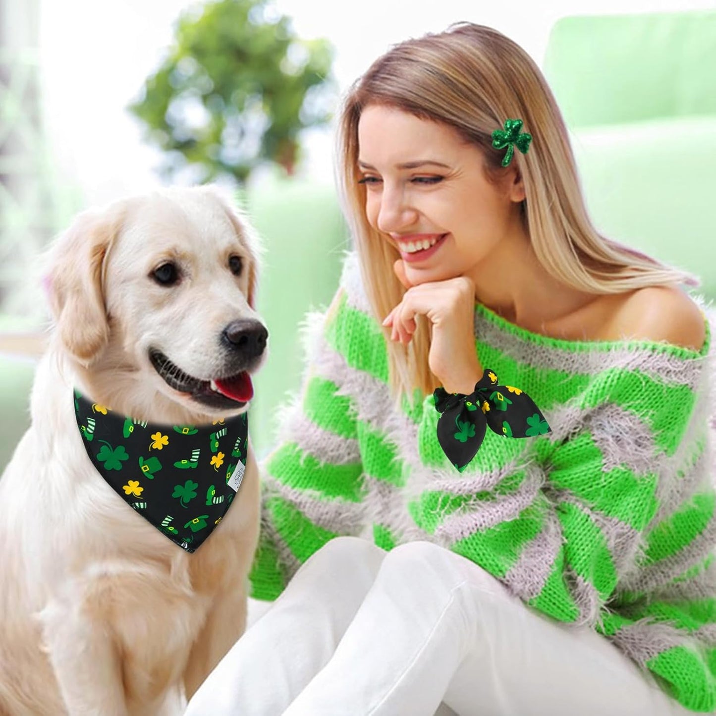 E-Clover Dog Bandana Boy & Matching Scrunchie-Shamrock Dog Bandanas Irish Pet Scarf Bib for Medium Large Dogs Girl Owner Gift Dark Green