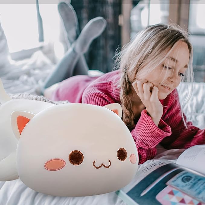FUYU Cat Stuffed Animals, Soft Cat Plush Pillow Kawaii Kitten Stuffed Animal Toy Gifts for Kids Boys Girls Room Decor (White Round Eyes,19in/50cm)