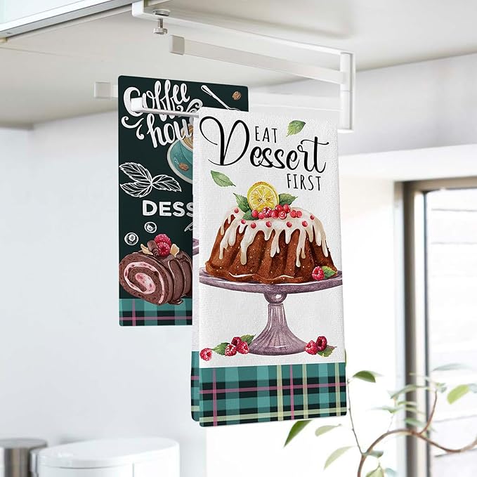 Eat Dessert First Kitchen Dish Towels Set of 2, Coffee House Drying Hand Towels Cupcake Cheesecake Brownie Baking Cooking Cloth, Plaid Farmhouse Home Kitchen Decoration 18 x 26 Inch