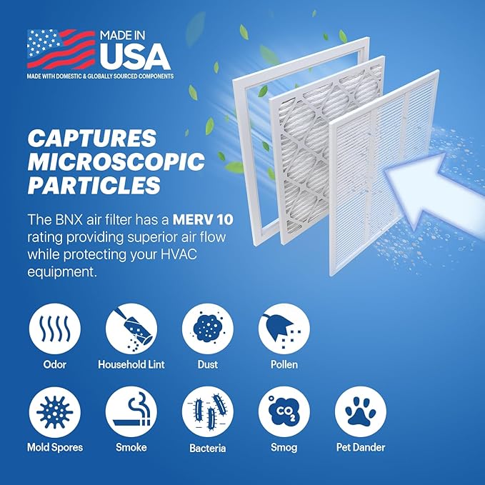 BNX TruFilter 20x22x1 MERV 10 (6-Pack) AC Furnace Air Filter - MADE IN USA - Pleated Air Conditioner HVAC AC Furnace Filters - Removes Odor, Mold, Bacteria, Smoke