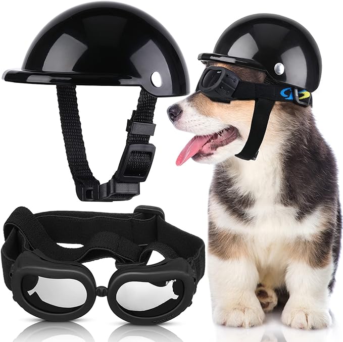 Frienda Dog Helmet and Goggles, UV Protection Doggy Sunglasses and 4 Inch Padded Puppy Motorcycle Helmet Adorable Dog Goggles with Adjustable Belt for Small Dogs Puppy Riding(Black,S)