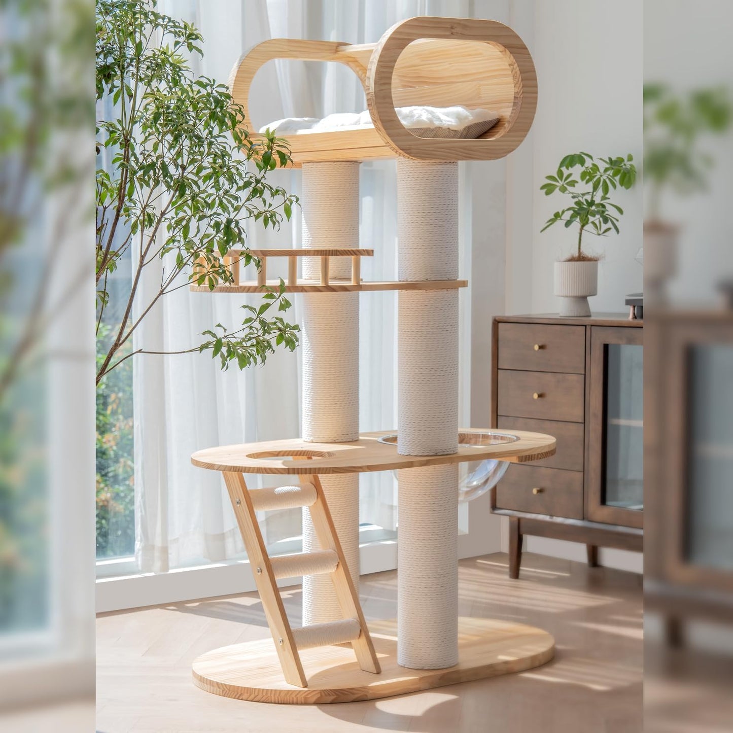 63.6'' Modern Cat Tree Indoor, Solid Wood Cat Tree with Scratching Post for Multi-Cat Families, Tall Cat Tower with Auxiliary Stairs, Huge Condo for Large Cats