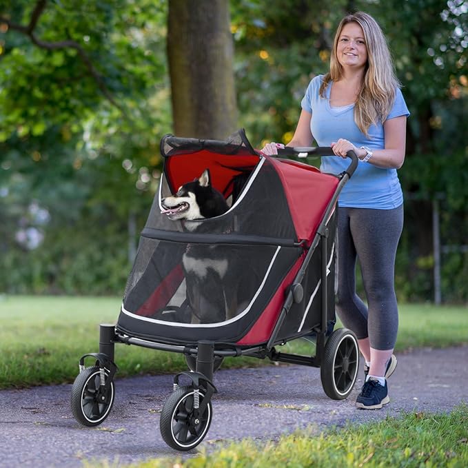 Dog Stroller for Medium/Large Dogs One-Click Folding, Extra Large Pet Stroller for 2 Dogs with Storage Pocket & Shock Absorption, Up to 130 lbs, Red