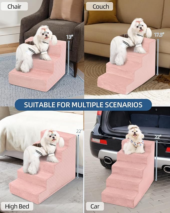 Dog Stairs for Small Dogs,17.5" H,4-Step Dog Steps for Bed and Couch with High Density Foam,Non-Slip Pet Steps for Doggy and Cat,Pet Stairs with a Washable Cover,Pink