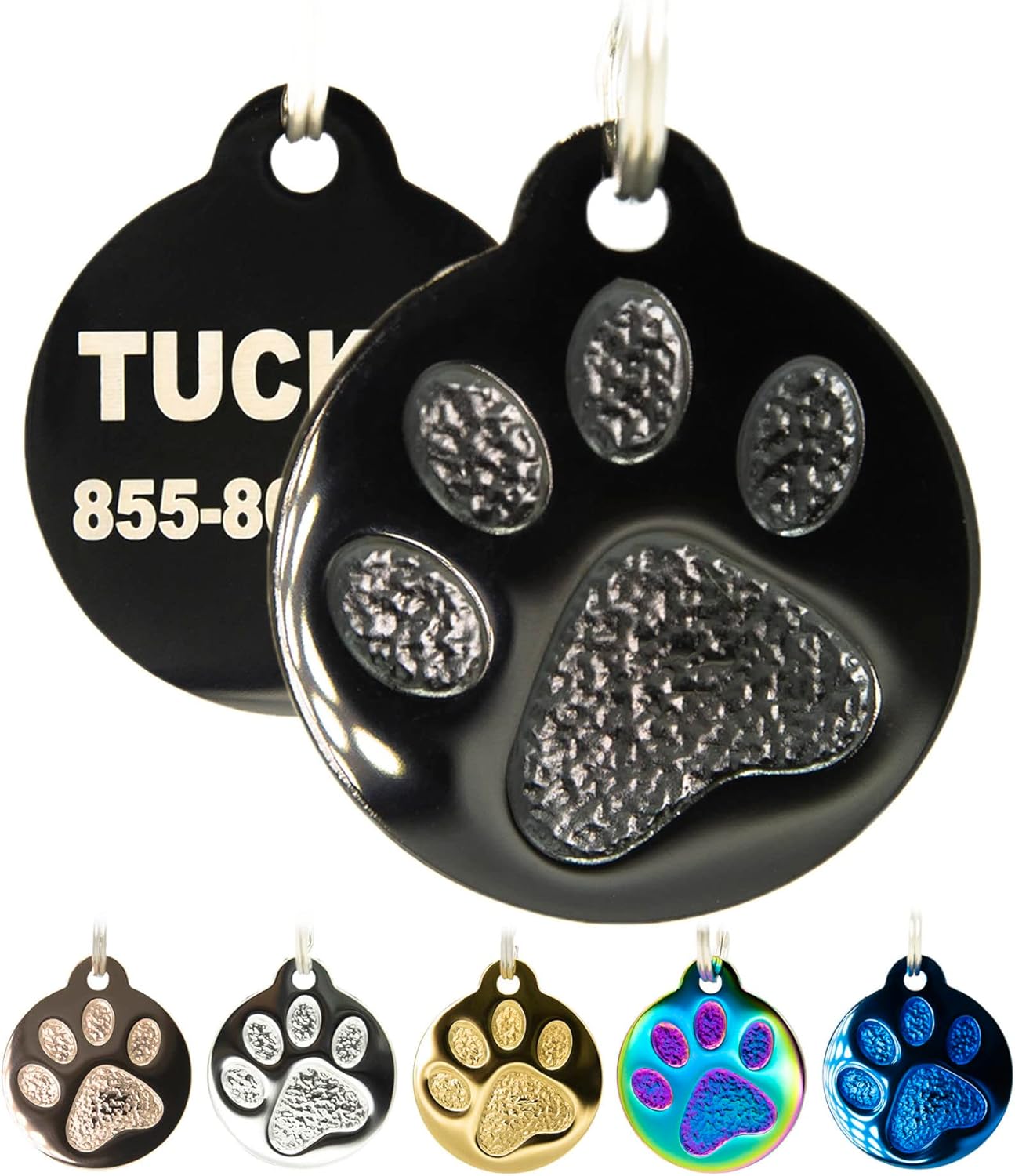Engraved Pet Tag for Dogs and Cats - Personalized Front & Back up to 4 Lines of Text Custom Engraved ID, Round Paw Print Solid Plating Stainless Steel Black Small
