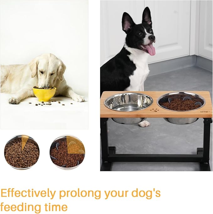 HTB Elevated Dog Bowls, Adjustable Pet Bowl Stand (Metal/Bamboo, 11.2'' to 16" Tall)