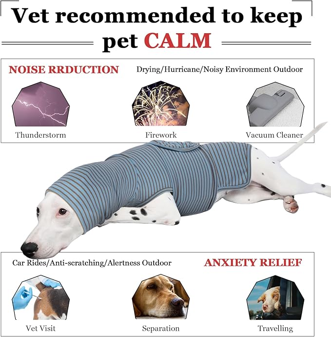 ROZKITCH Calming Coat for Dogs, Anxiety Vest with Hoodie Soft Ears Cover, Pet Calm Sweater Shirts for Fireworks Travel Vet Visit Separation Holiday BlueStripe XL