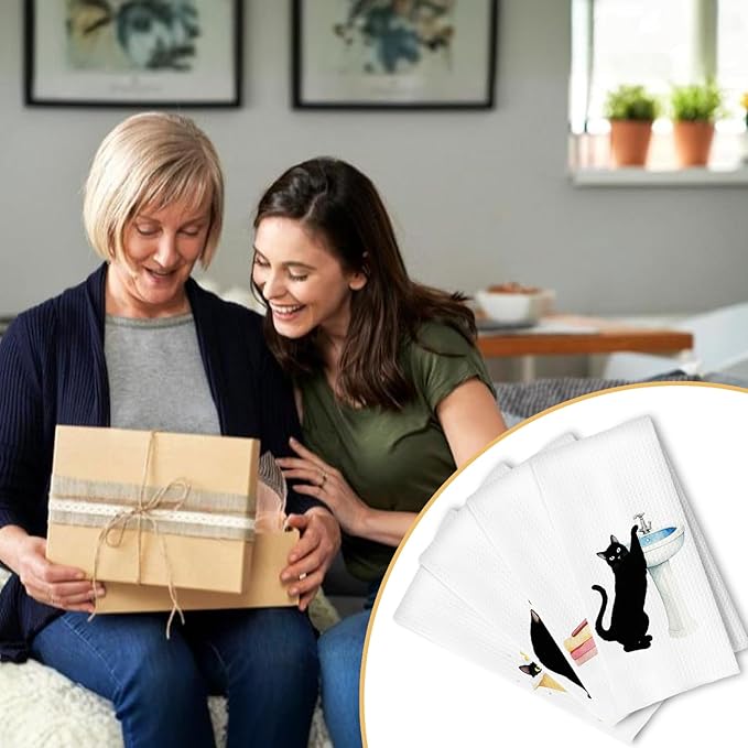 Funny Black Cat Hand Towels for Bathroom Set of 4, Black Cat Bathroom Decor for Lover Gifts for Women, 16x24 Inch