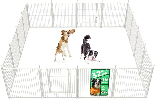 FXW Rollick Unleashed Dog Playpen for Indoor, Yard, RV Camping, 32 inch 16 Panels for Medium and Large Dogs, White│Patented