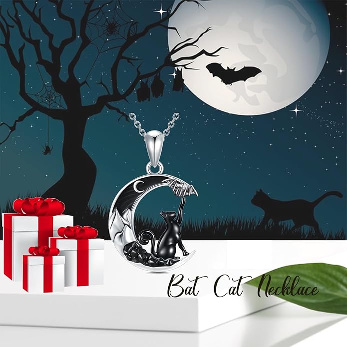 Gothic Jewelry Bat/Cat/Wolf/Dragon/Owl/Fox/Spider/Sun Pendant Sterling Silver Crescent Moon Necklace for Women Girls Black Jewelry Gifts