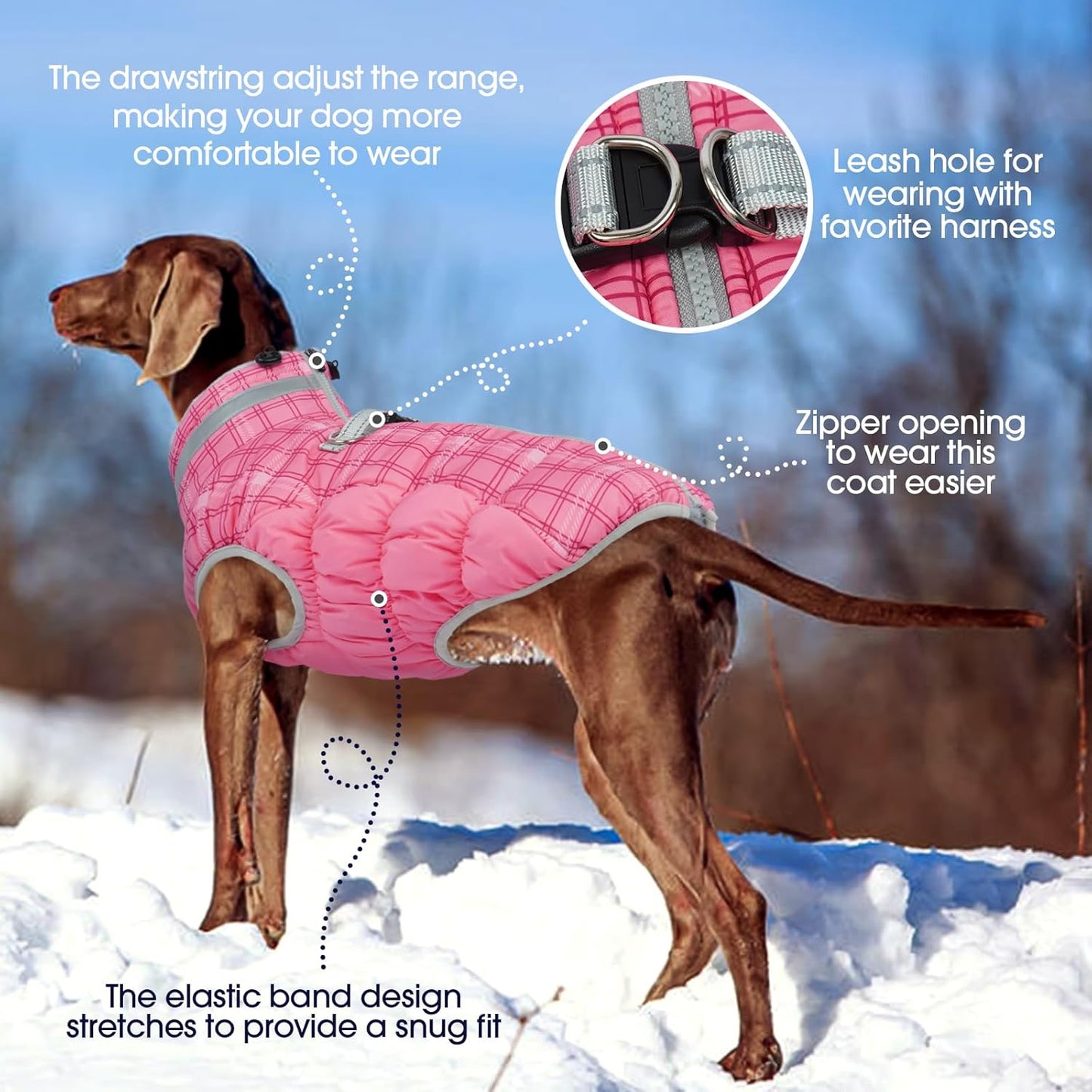 FUAMEY Dog Coat for Large Dogs,Waterproof Dog Winter Jacket with Harness Built in Puppy Cold Weather Coats Reflective Pet Vest with Zipper Warm Fleece Dogs Snowsuit Windproof Rose Plaid L