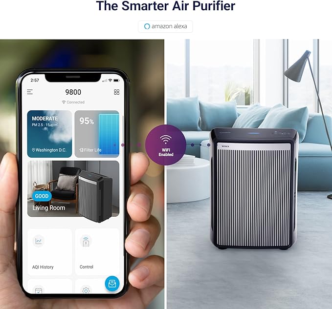 Winix 9800 4-Stage True Hepa Air Purifier with WiFi and PlasmaWave, 500 Sq Ft,Black,Large