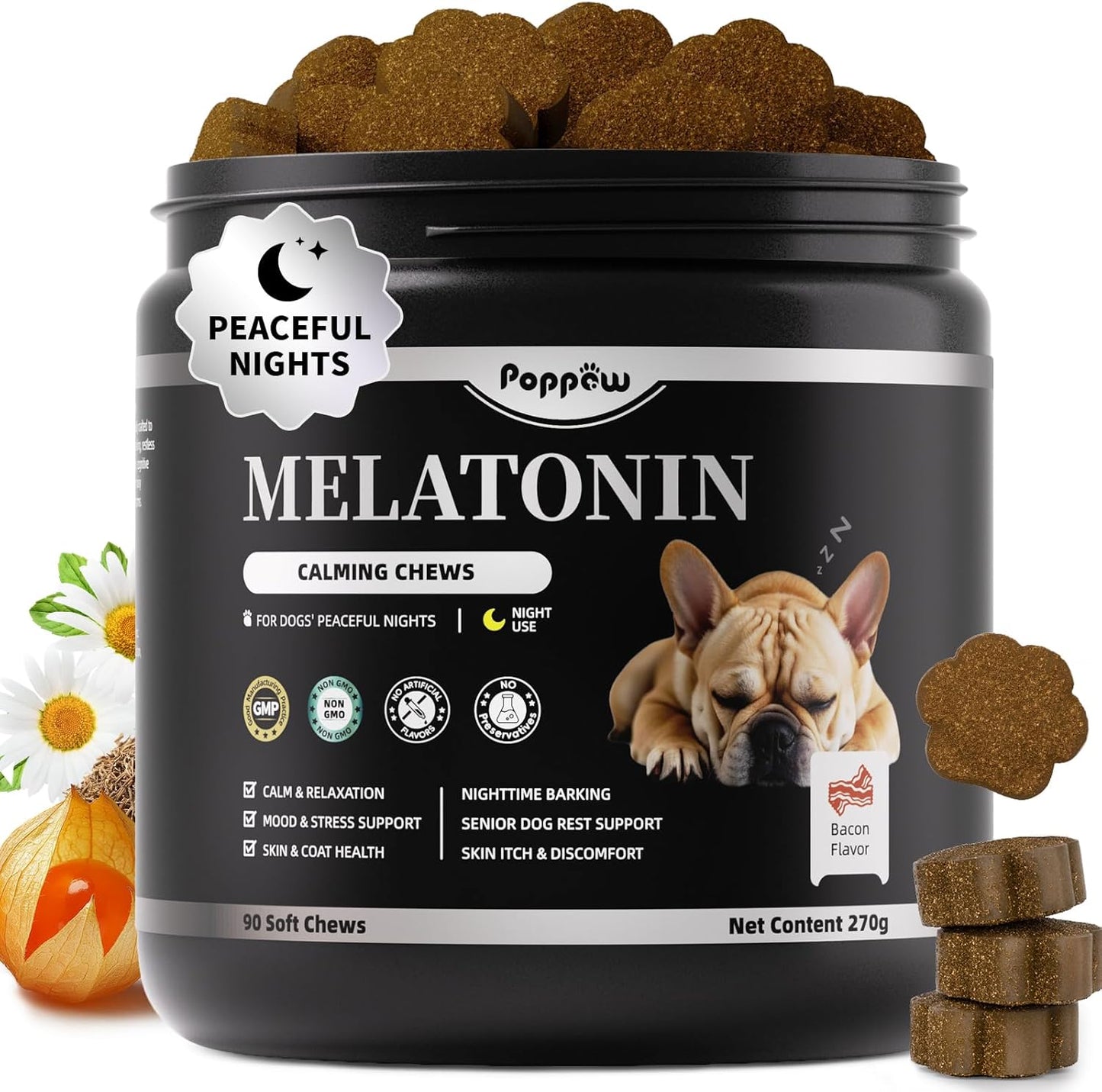Melatonin for Dogs, Calming Chews with Valerian Root & L-Theanine for Sleep Aid & Emotional Support, Calming Treats for Stress Anxiety Relief - Thunder, Fireworks, Barking, Bacon Flavor, 90Ct