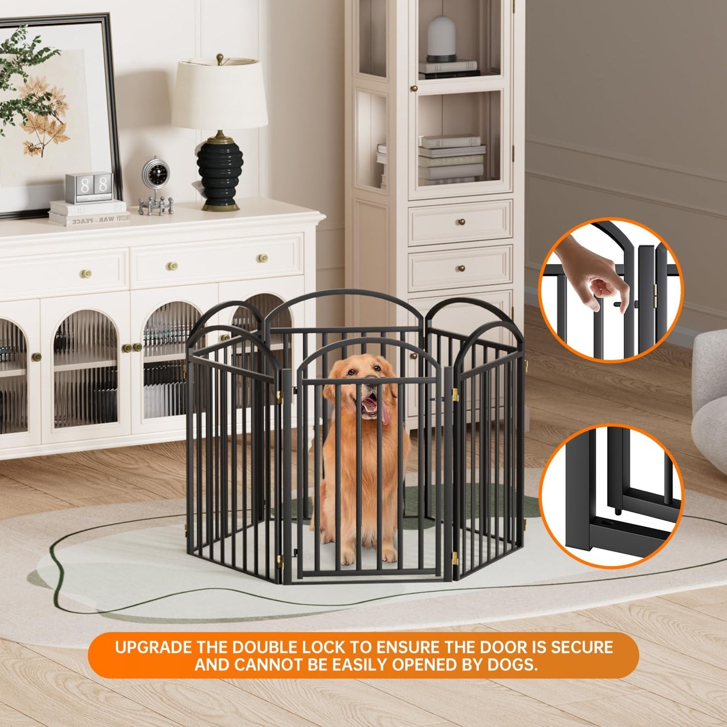6 Panles Full Matel Freestanding Dog Gates with Door, 144"Extra Wide 32"Tall Free Standing Dog Pet Gate for Indoor & Outdoor. Foldable Pet Fences for Doorways, House, Stairs, Porch, Deck, Yard