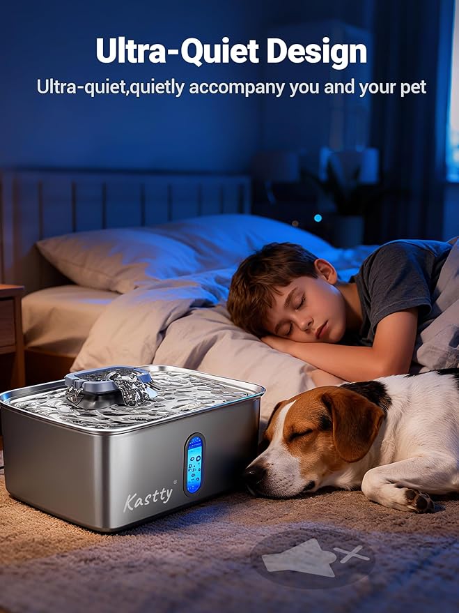 Kastty 4 Gal Dog Water Fountain for Large Dogs,15L Stainless Steel Large Pet Water Fountain, Ultra Quiet Automatic Dog Water Bowl Dispenser with Water Level Window and LED Light(FS78,Grey