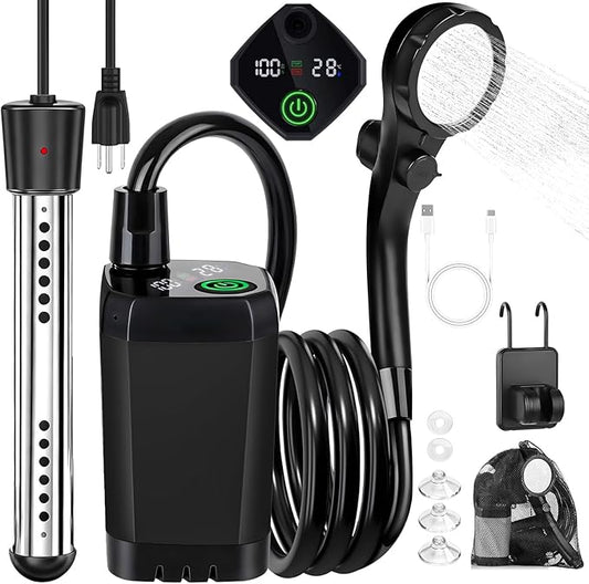 Portable Camping Shower with Heater, 6000mAh Rechargeable Portable Shower with 2000W Immersion Heater, LED Display, Heated Camping Shower for Travel, Hiking, Car, Pet