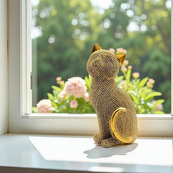 FUNSXBUG Decorative Cat Sitting Statue Art Figurines Sculpture Collectibles Home Office Desktop Decor Outdoor Garden Tabletop Display Decoration (Gold)