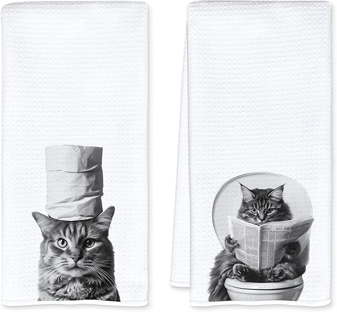 Funny Toilet Newspaper Cat Bathroom Hand Towels, Cat Mom Lady Lovers Gifts, Cute Kitty Kitten Hand Towels for for Bathroom Washroom Restroom Decor, 16x24 Inch Set of 2