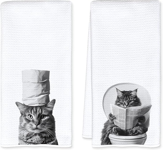 Funny Toilet Newspaper Cat Bathroom Hand Towels, Cat Mom Lady Lovers Gifts, Cute Kitty Kitten Hand Towels for for Bathroom Washroom Restroom Decor, 16x24 Inch Set of 2