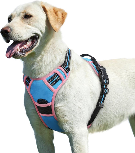 Eagloo Dog Harness for Large Dogs, No Pull Service Vest with Reflective Strips and Control Handle, Adjustable and Comfortable for Walking, No Choke Pet Harness with 2 Metal Rings, Pink & Blue, L